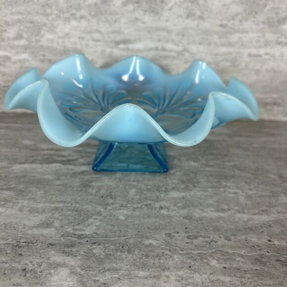 Northwood Blue Opalescent Ruffled Candy‎ Dish Shell Design Square Pedestal Base - Picture 10 of 16